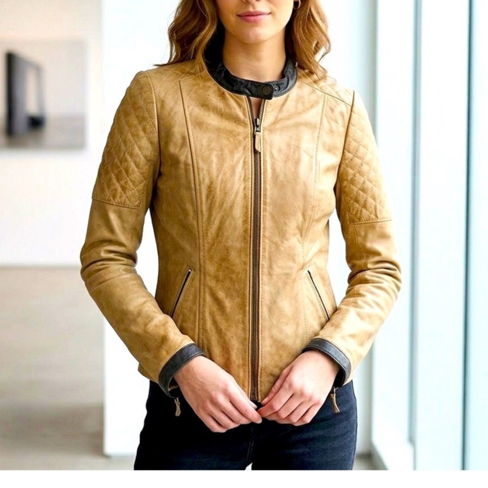 Classic Danier Honey Tan Two-Tone Contrast Leather Moto Jacket XS